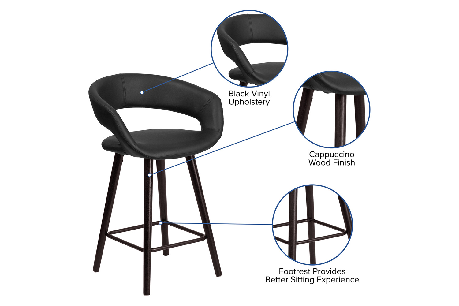 BLNK Brynn Series Vinyl Contemporary Cappuccino Wood Counter Height Stool - Black