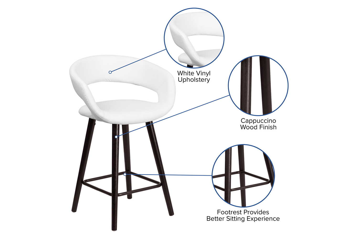 BLNK Brynn Series Vinyl Contemporary Cappuccino Wood Counter Height Stool - White