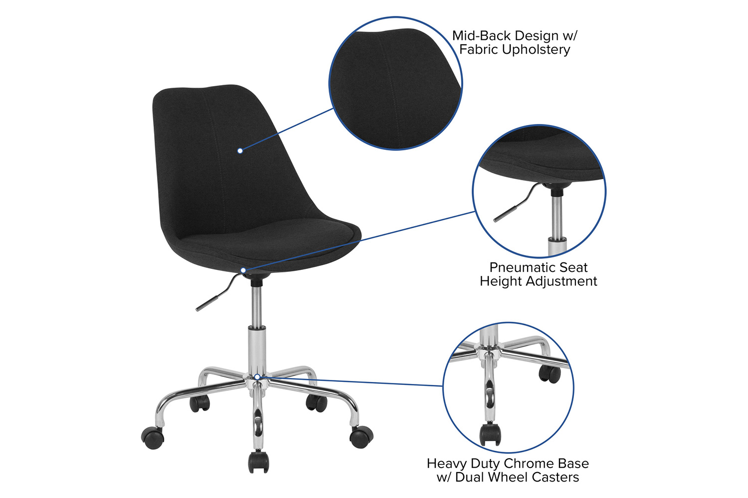 BLNK Aurora Series Mid-Back Task Office Chair with Pneumatic Lift and Chrome Base - Black