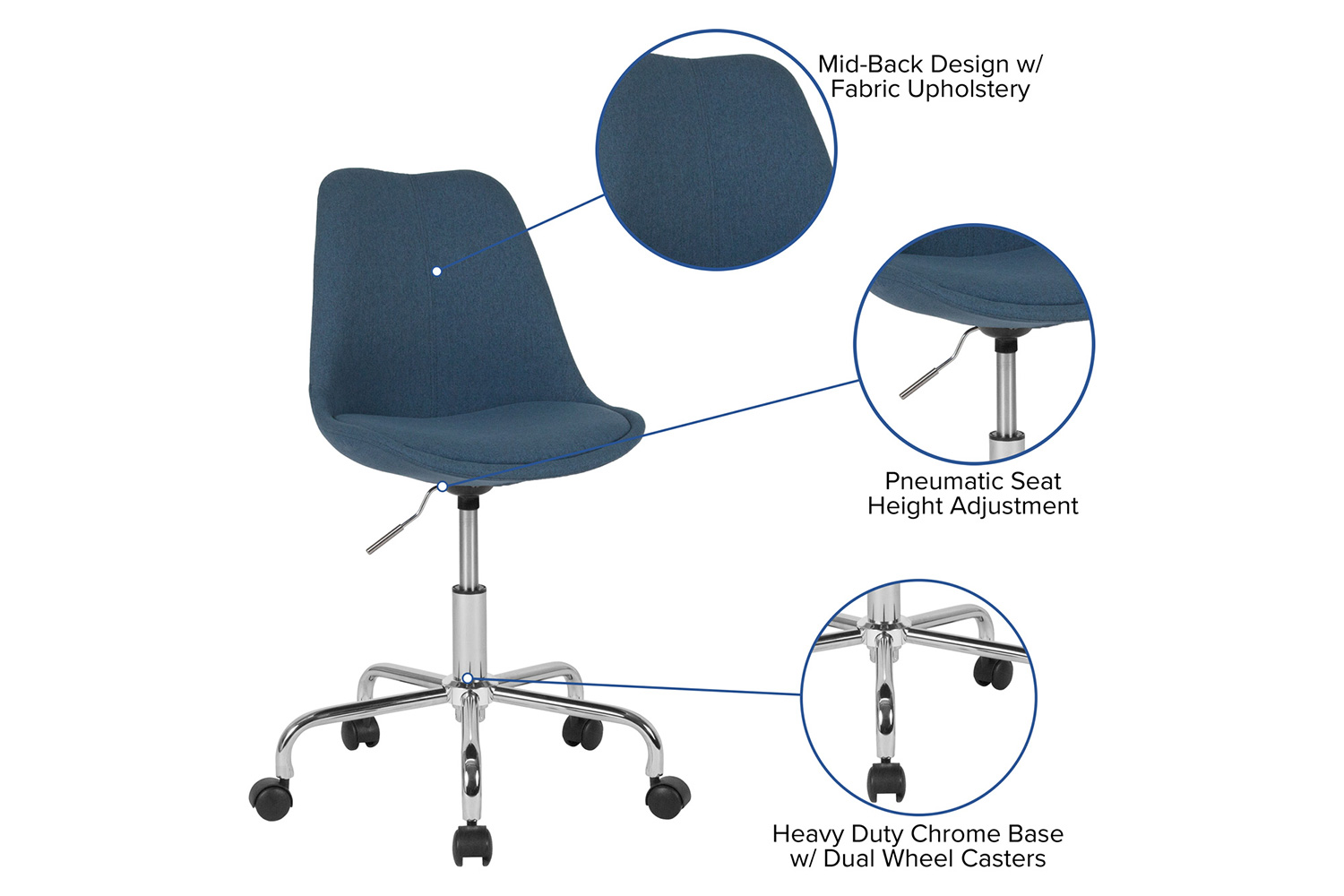 BLNK Aurora Series Mid-Back Task Office Chair with Pneumatic Lift and Chrome Base - Blue