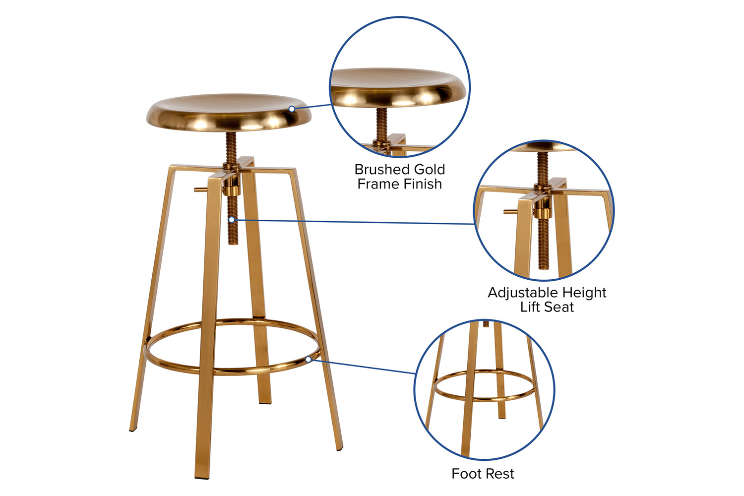 BLNK Toledo Industrial Style Bar Stool with Swivel Lift Adjustable Height Seat - Gold