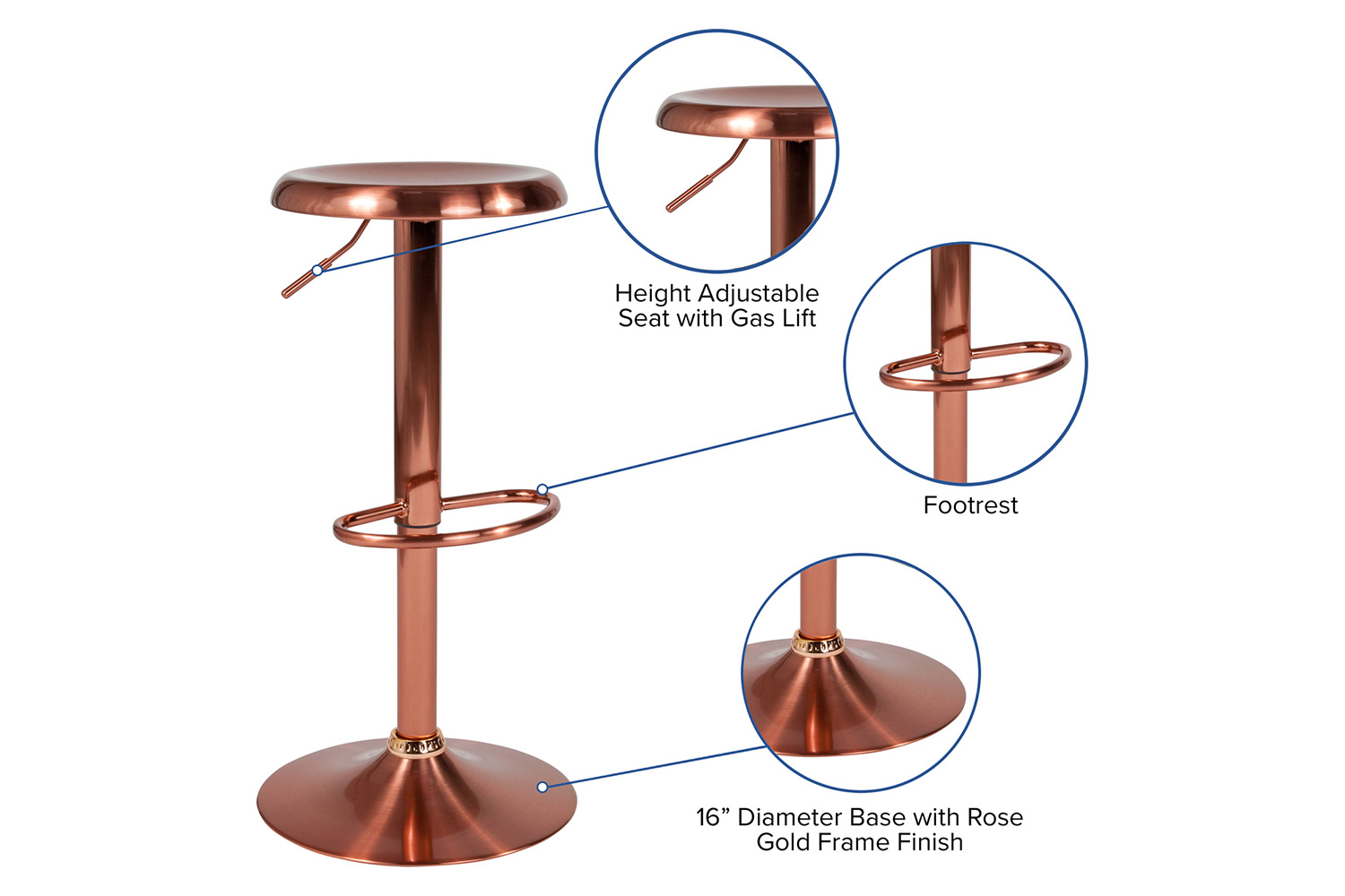 BLNK Madrid Series Adjustable Height Retro Bar Stool - Rose Gold