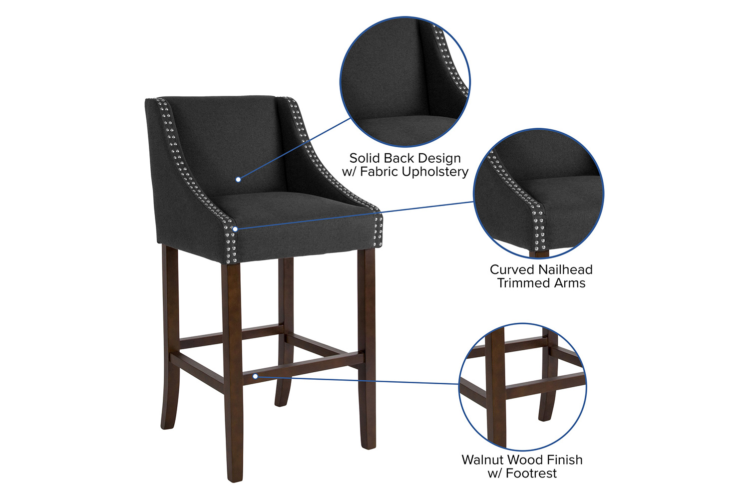 BLNK Carmel Series Fabric Transitional Walnut Bar Stool with Accent Nail Trim - Charcoal