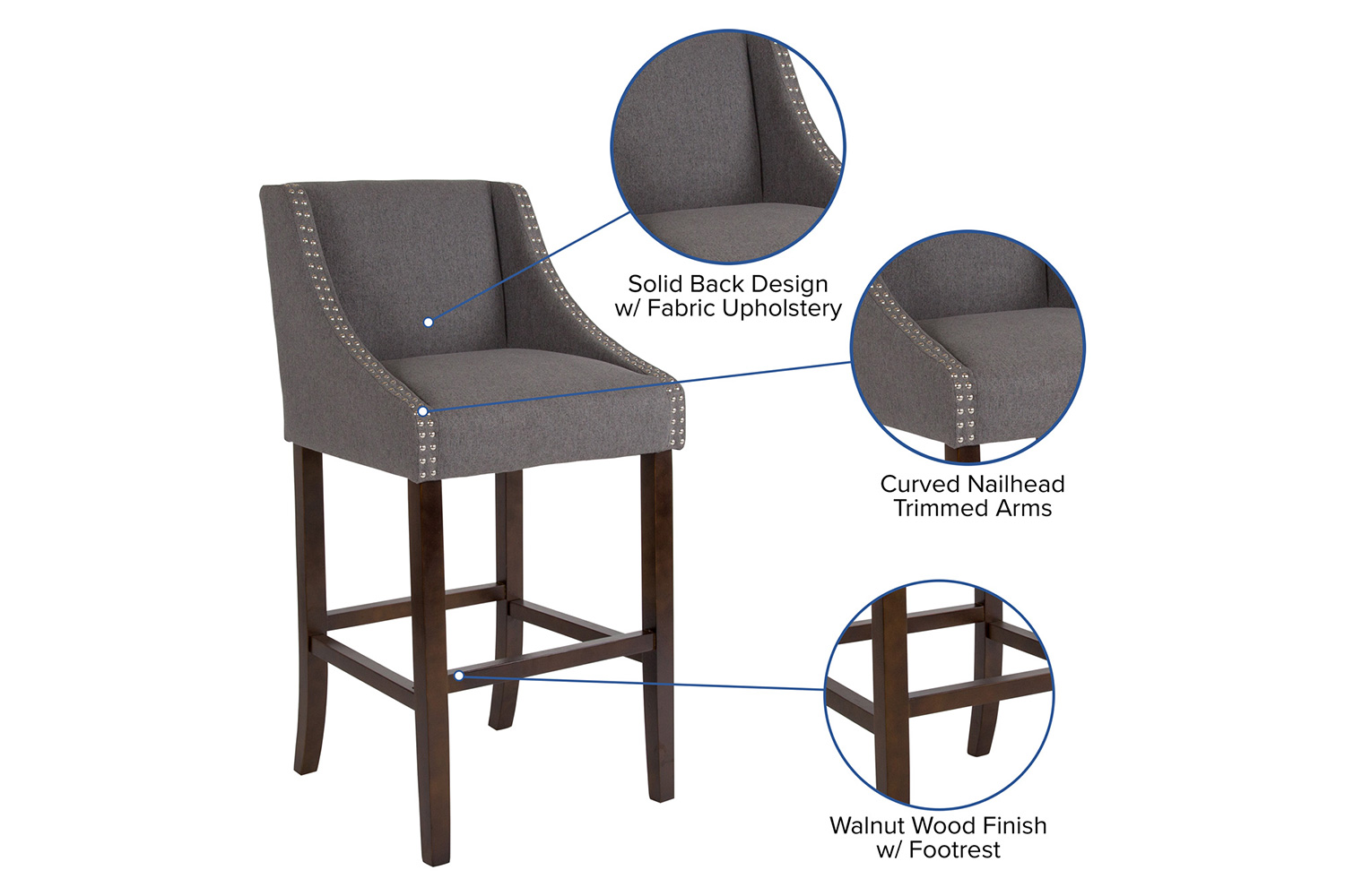 BLNK Carmel Series Fabric Transitional Walnut Bar Stool with Accent Nail Trim - Dark Gray