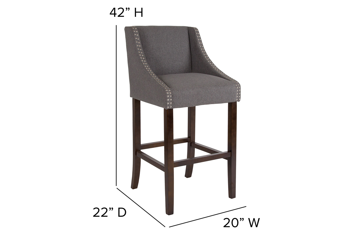 BLNK Carmel Series Fabric Transitional Walnut Bar Stool with Accent Nail Trim - Dark Gray