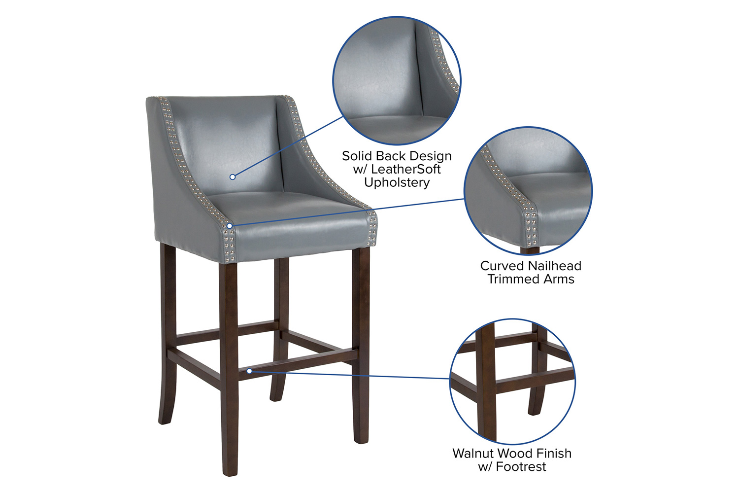 BLNK Carmel Series LeatherSoft Transitional Walnut Bar Stool with Accent Nail Trim - Light Gray