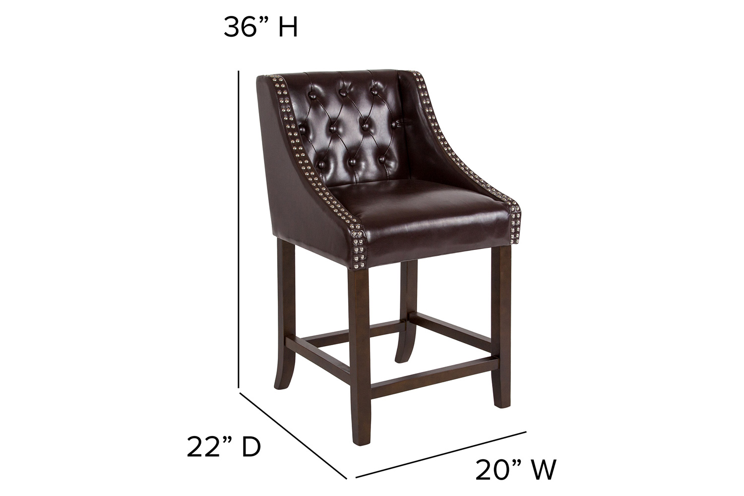 BLNK Carmel Series LeatherSoft Transitional Tufted Walnut Counter Height Stool with Accent Nail Trim - Brown