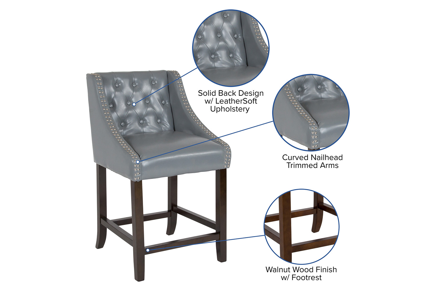 BLNK™ Carmel Series LeatherSoft Transitional Tufted Walnut Counter Height Stool with Accent Nail Trim - Light Gray