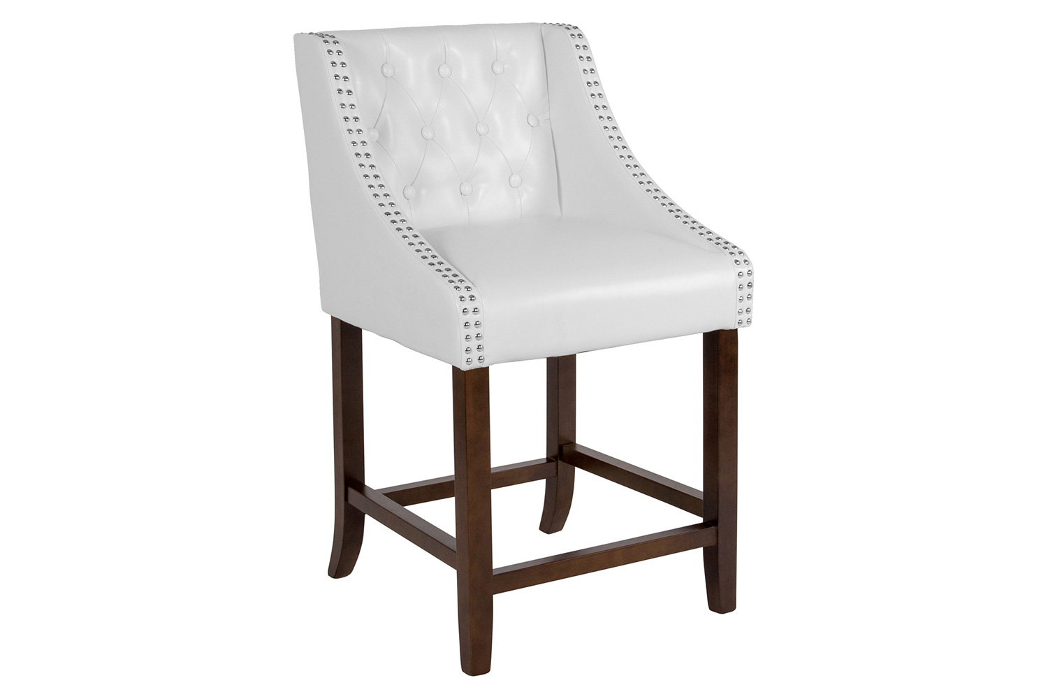 BLNK™ Carmel Series LeatherSoft Transitional Tufted Walnut Counter Height Stool with Accent Nail Trim - White