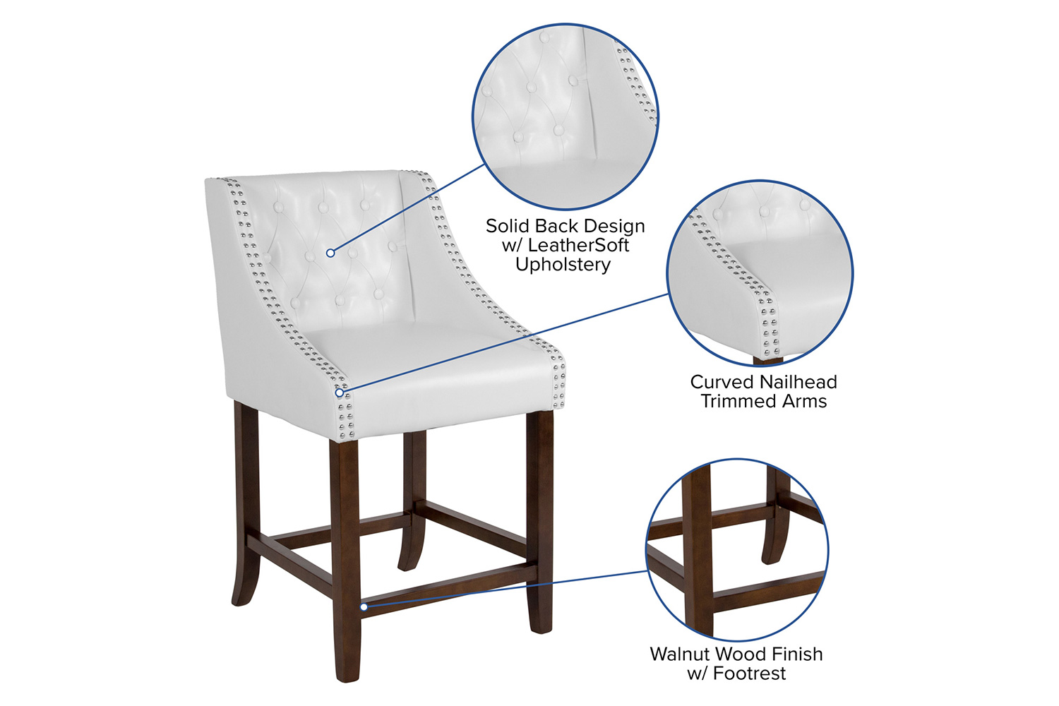 BLNK™ Carmel Series LeatherSoft Transitional Tufted Walnut Counter Height Stool with Accent Nail Trim - White