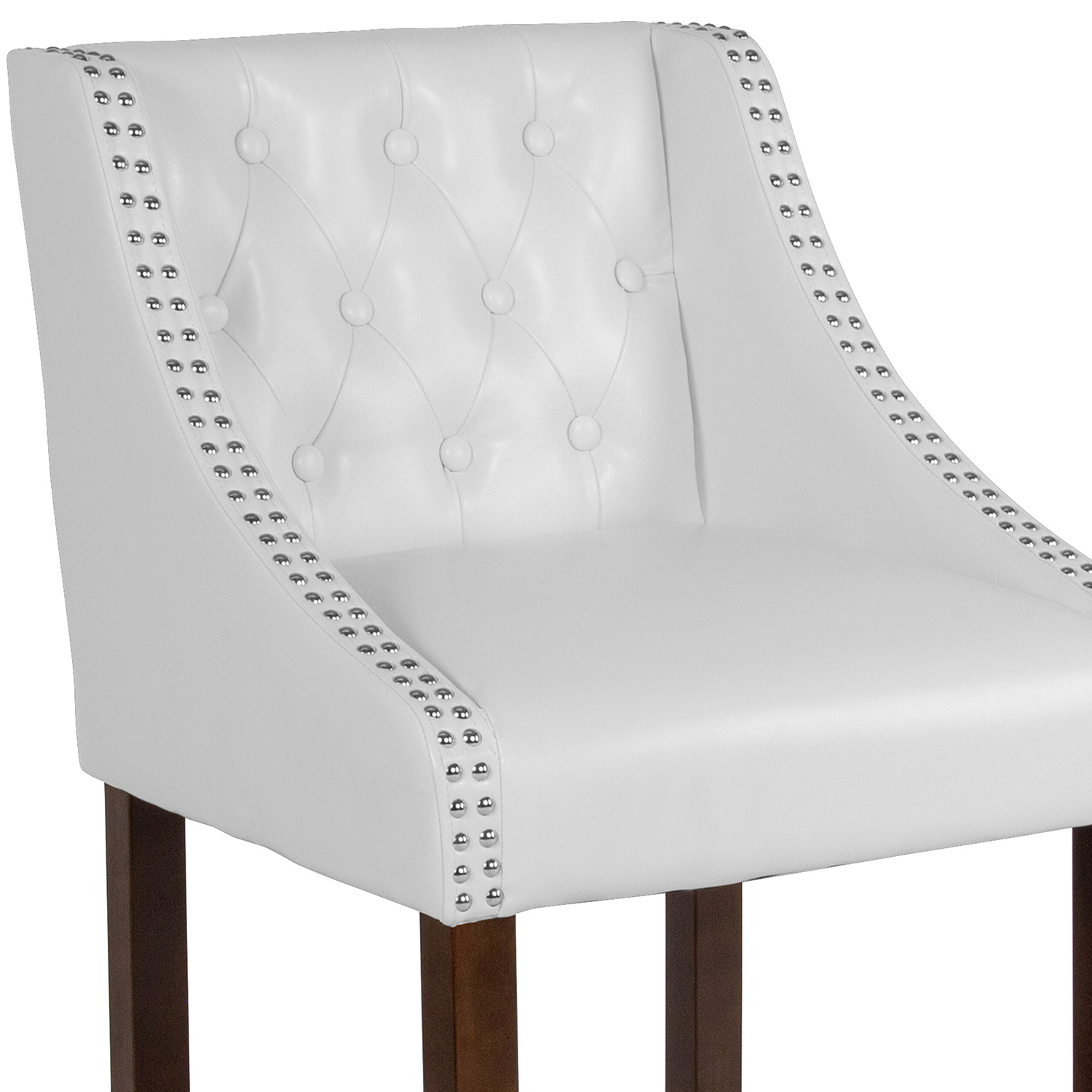 BLNK™ Carmel Series LeatherSoft Transitional Tufted Walnut Counter Height Stool with Accent Nail Trim - White