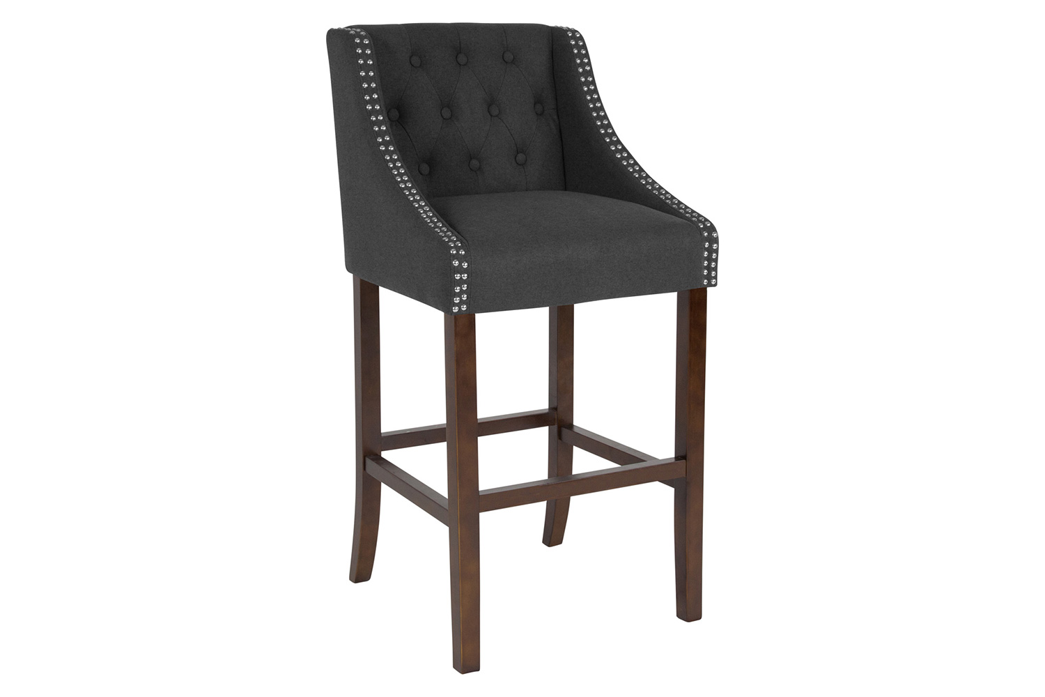 BLNK Carmel Series Fabric Transitional Tufted Walnut Bar Stool with Accent Nail Trim - Charcoal