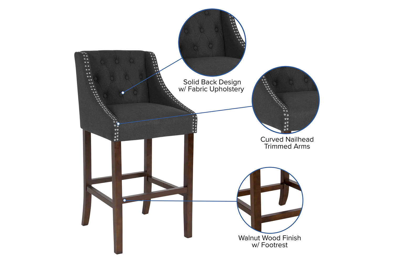 BLNK Carmel Series Fabric Transitional Tufted Walnut Bar Stool with Accent Nail Trim - Charcoal