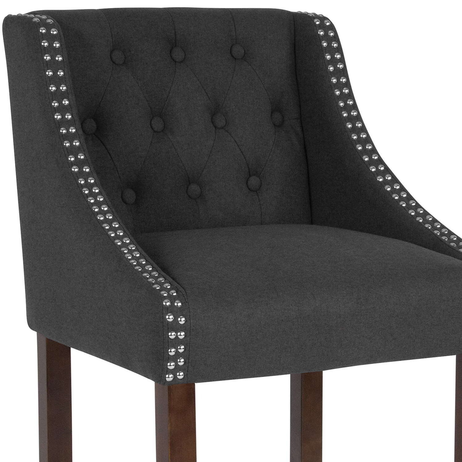 BLNK Carmel Series Fabric Transitional Tufted Walnut Bar Stool with Accent Nail Trim - Charcoal