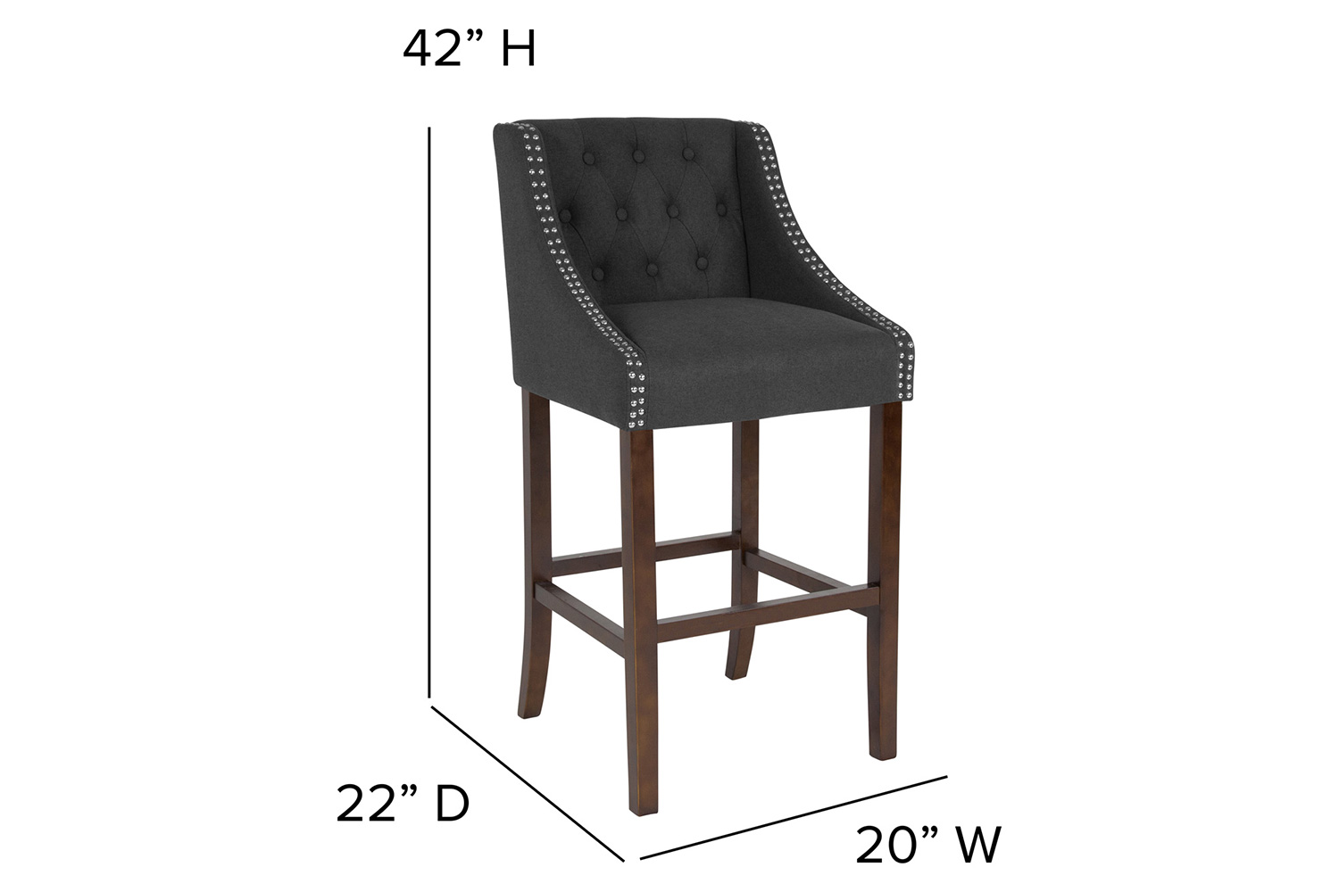 BLNK Carmel Series Fabric Transitional Tufted Walnut Bar Stool with Accent Nail Trim - Charcoal