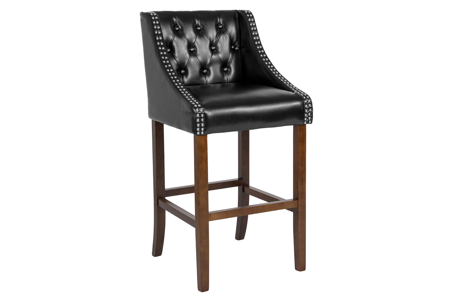 BLNK Carmel Series LeatherSoft Transitional Tufted Walnut Bar Stool with Accent Nail Trim - Black