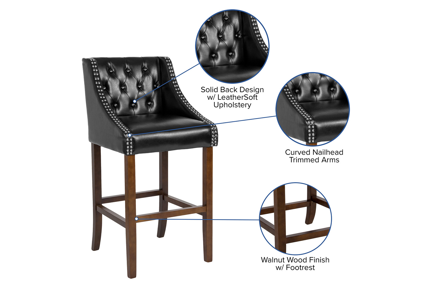 BLNK Carmel Series LeatherSoft Transitional Tufted Walnut Bar Stool with Accent Nail Trim - Black