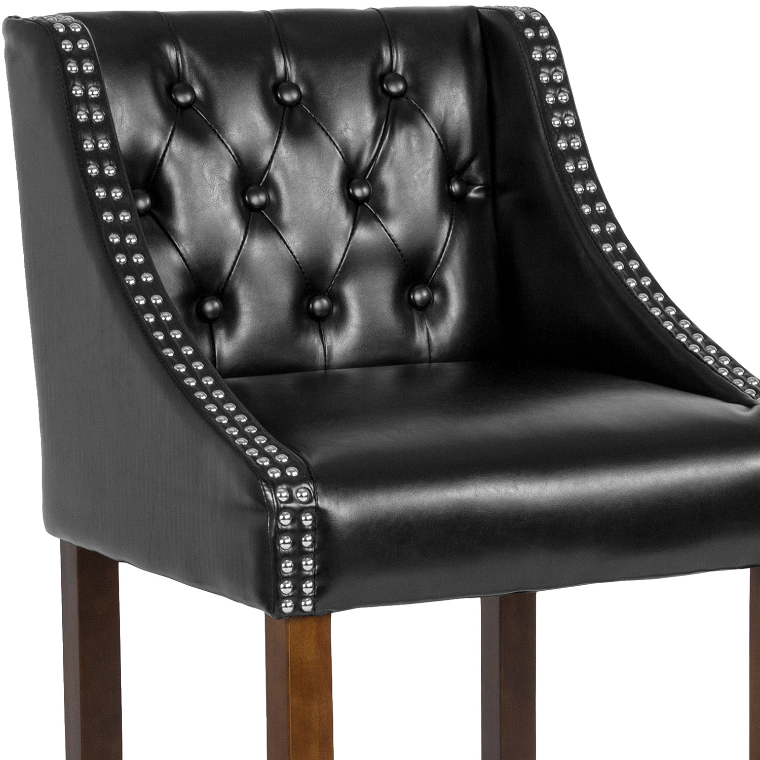 BLNK Carmel Series LeatherSoft Transitional Tufted Walnut Bar Stool with Accent Nail Trim - Black