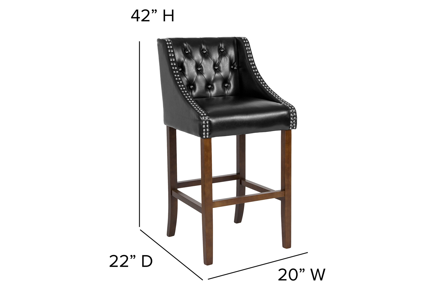 BLNK Carmel Series LeatherSoft Transitional Tufted Walnut Bar Stool with Accent Nail Trim - Black