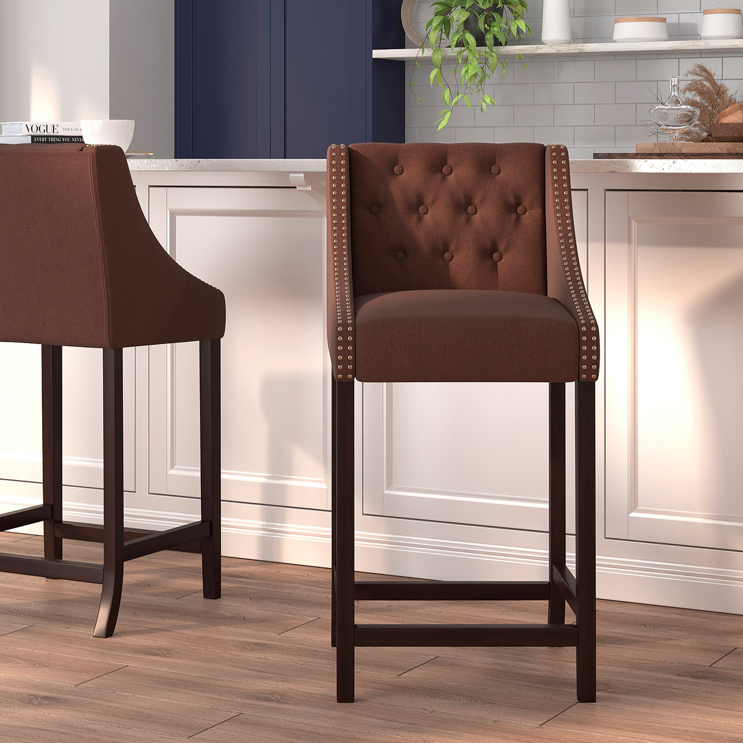 BLNK Carmel Series Fabric Transitional Tufted Walnut Bar Stool with Accent Nail Trim