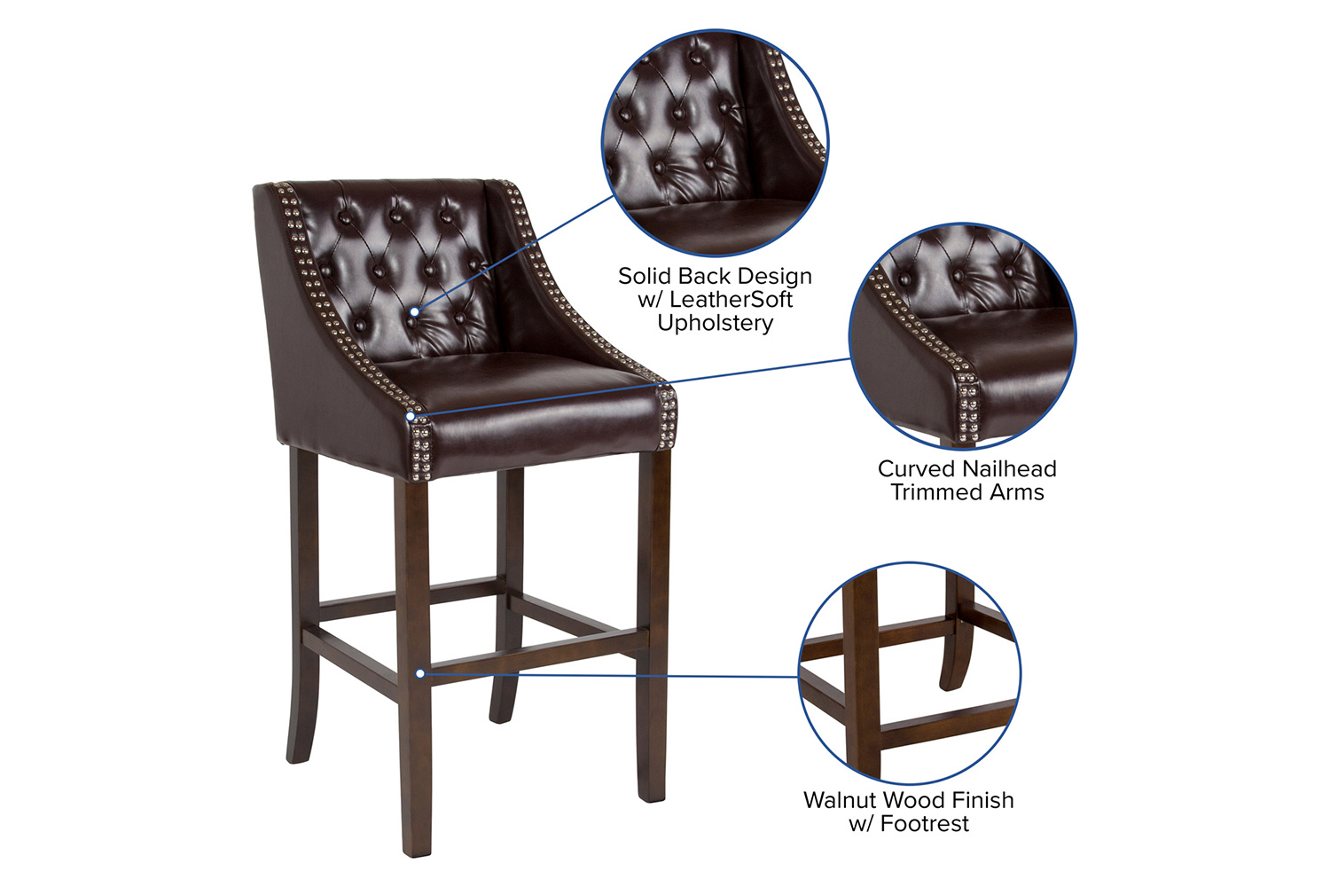 BLNK™ Carmel Series LeatherSoft Transitional Tufted Walnut Bar Stool with Accent Nail Trim - Brown