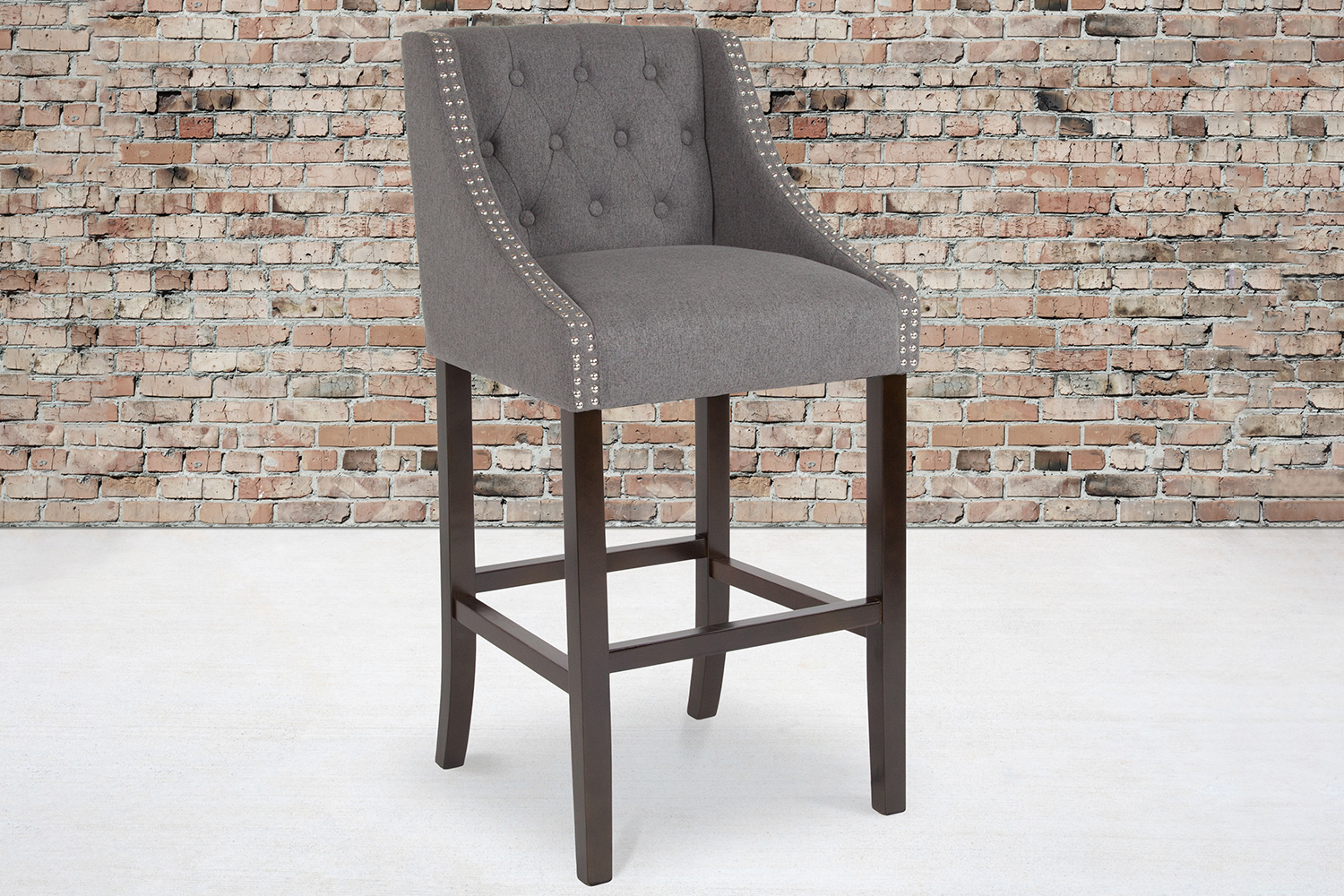 BLNK Carmel Series Fabric Transitional Tufted Walnut Bar Stool with Accent Nail Trim