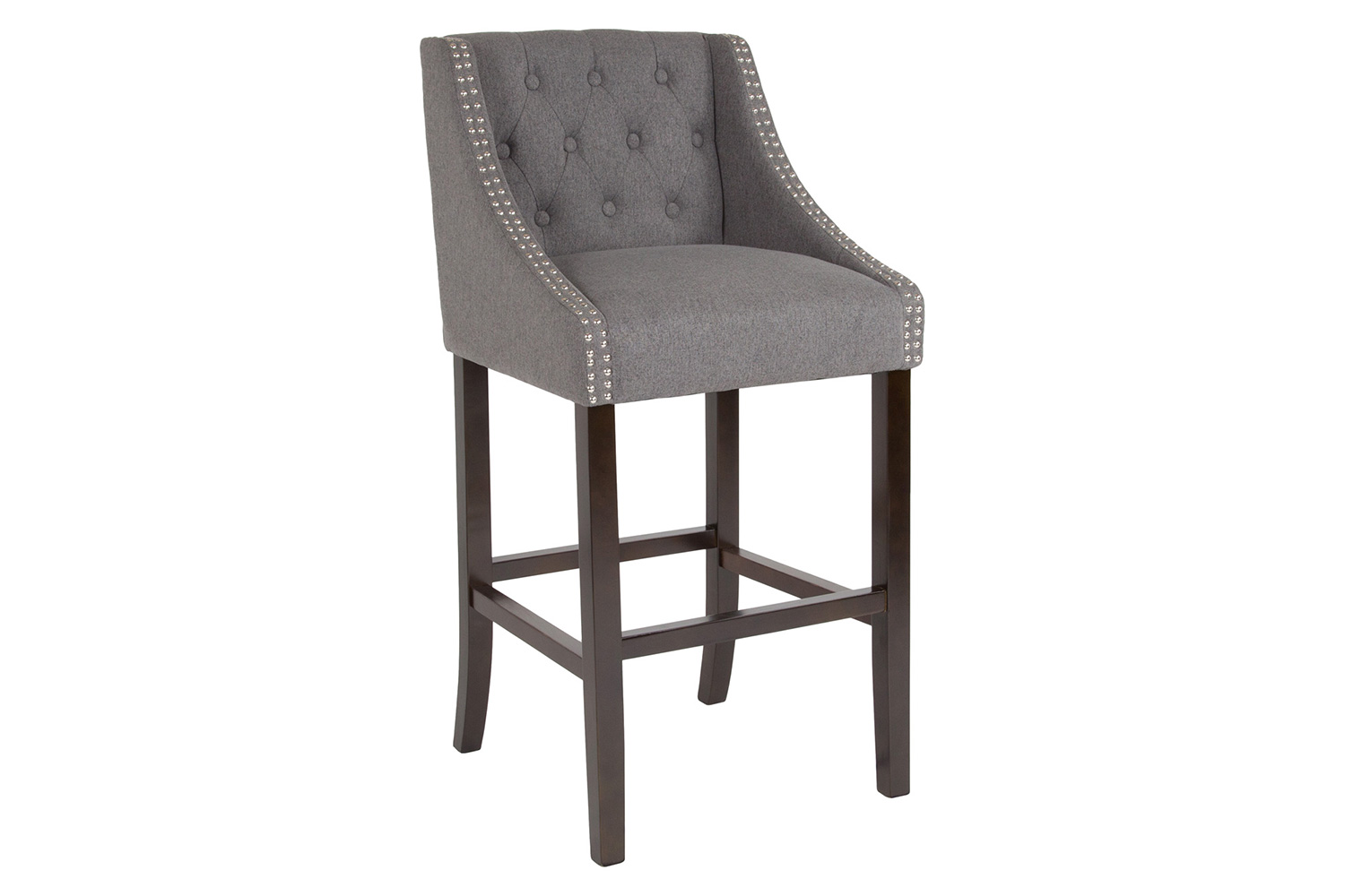 BLNK Carmel Series Fabric Transitional Tufted Walnut Bar Stool with Accent Nail Trim - Dark Gray