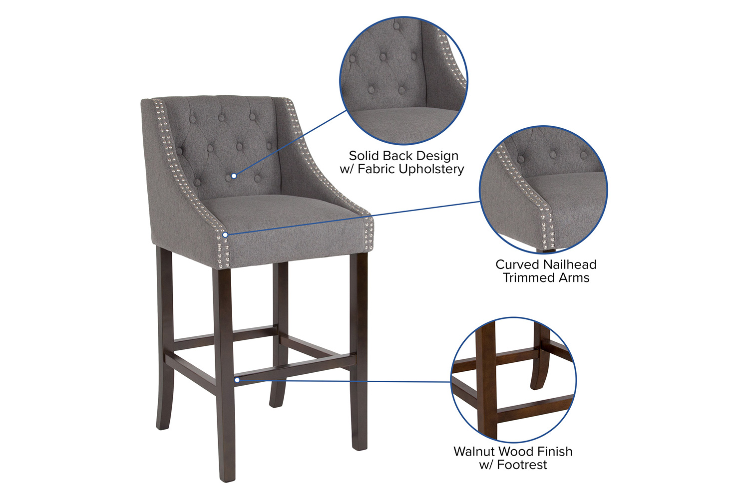 BLNK Carmel Series Fabric Transitional Tufted Walnut Bar Stool with Accent Nail Trim - Dark Gray