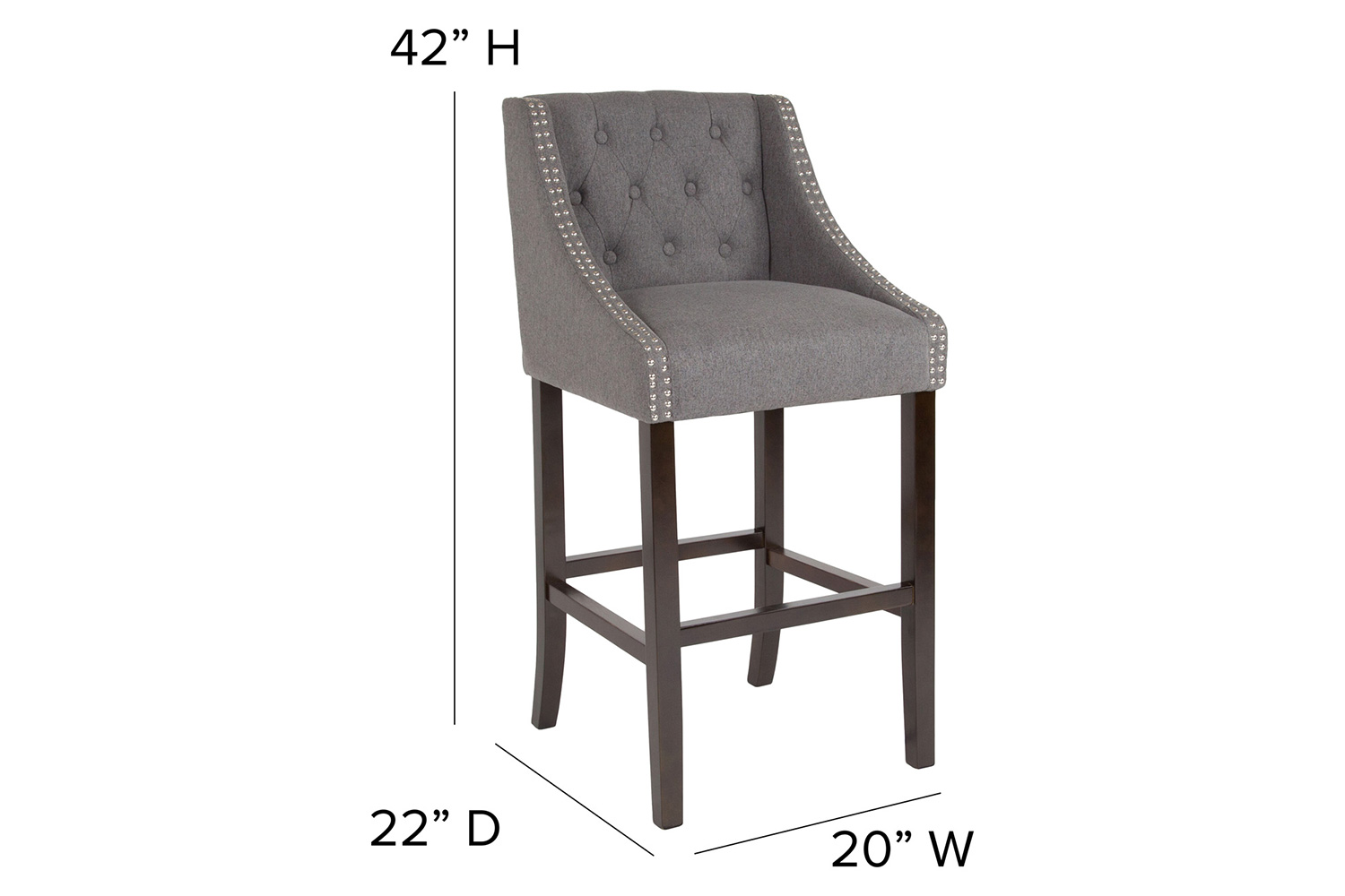 BLNK Carmel Series Fabric Transitional Tufted Walnut Bar Stool with Accent Nail Trim - Dark Gray