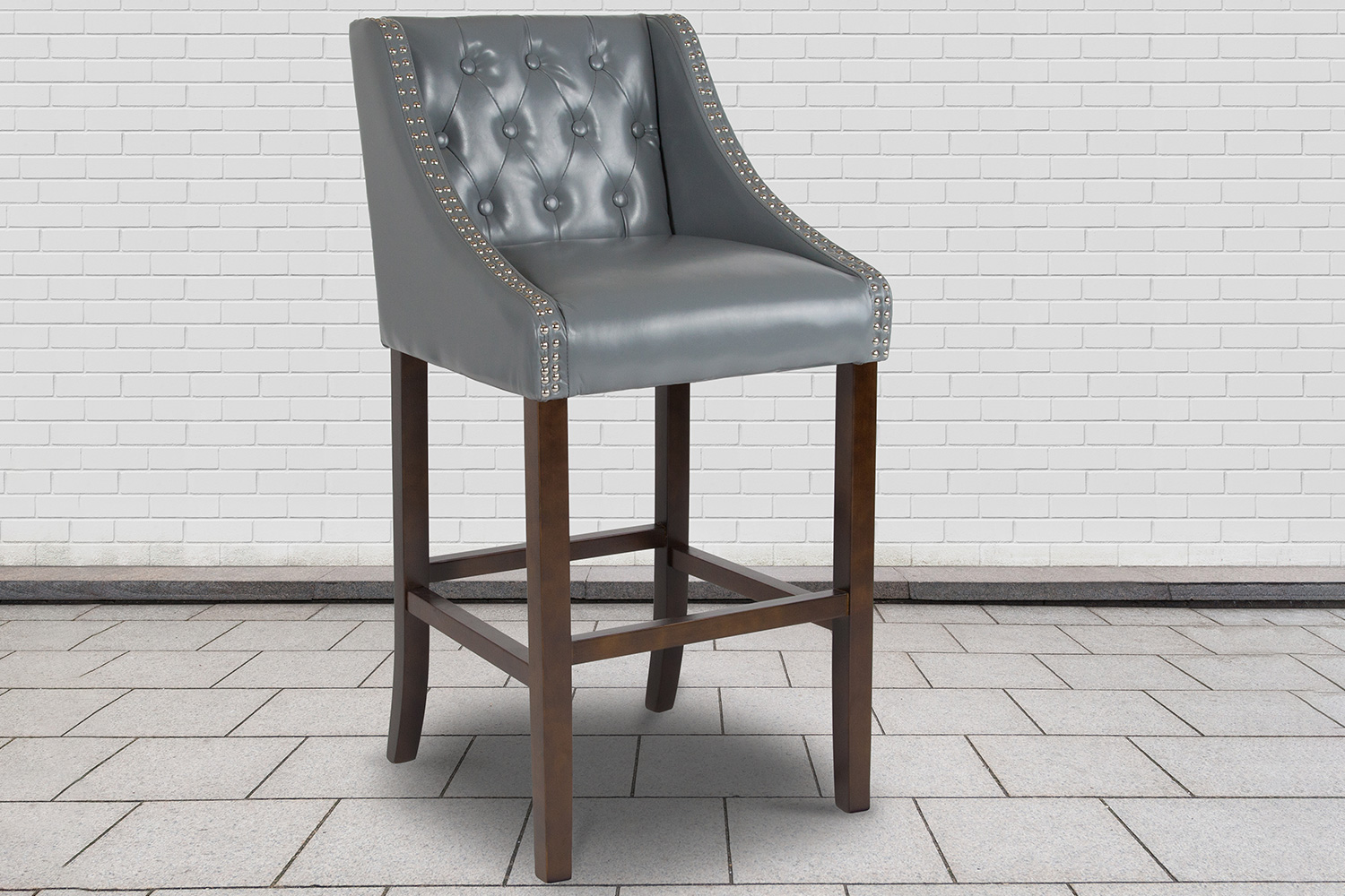 BLNK Carmel Series LeatherSoft Transitional Tufted Walnut Bar Stool with Accent Nail Trim