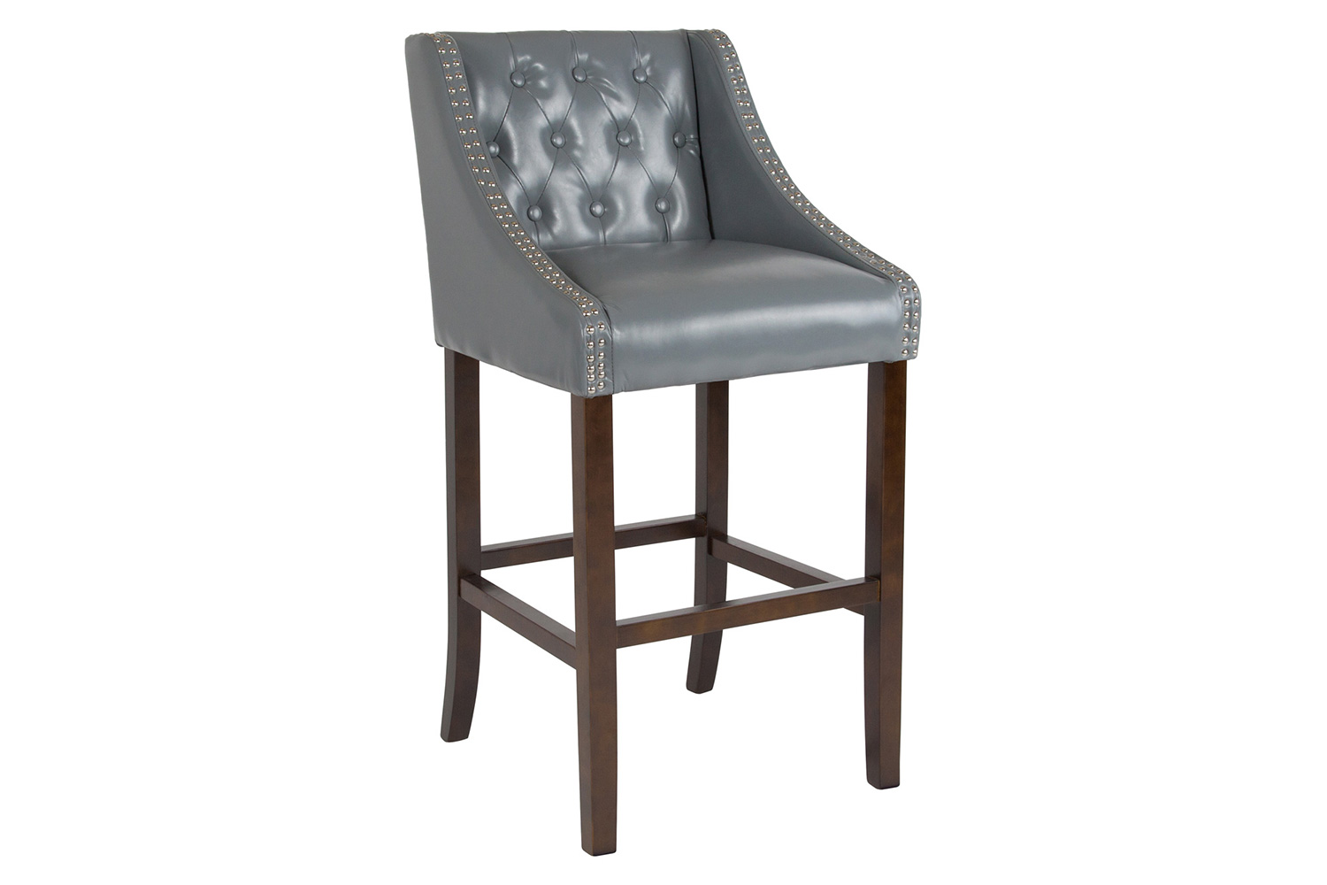 BLNK Carmel Series LeatherSoft Transitional Tufted Walnut Bar Stool with Accent Nail Trim - Light Gray