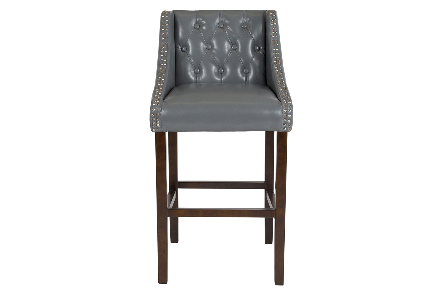 BLNK Carmel Series LeatherSoft Transitional Tufted Walnut Bar Stool with Accent Nail Trim - Light Gray