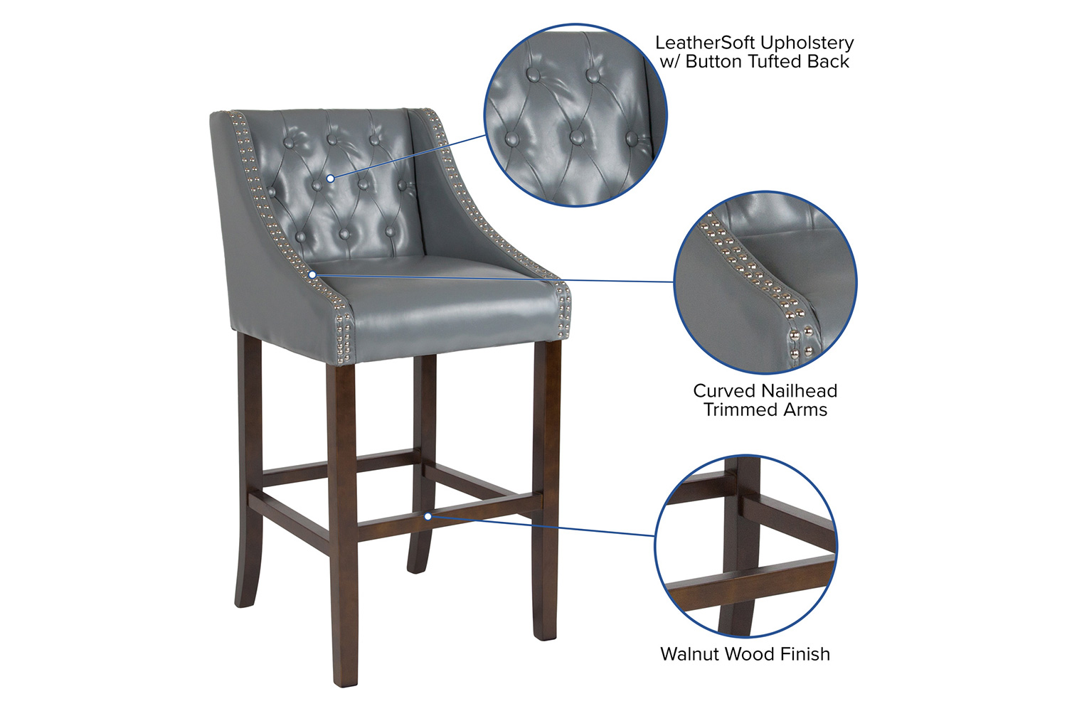 BLNK Carmel Series LeatherSoft Transitional Tufted Walnut Bar Stool with Accent Nail Trim - Light Gray