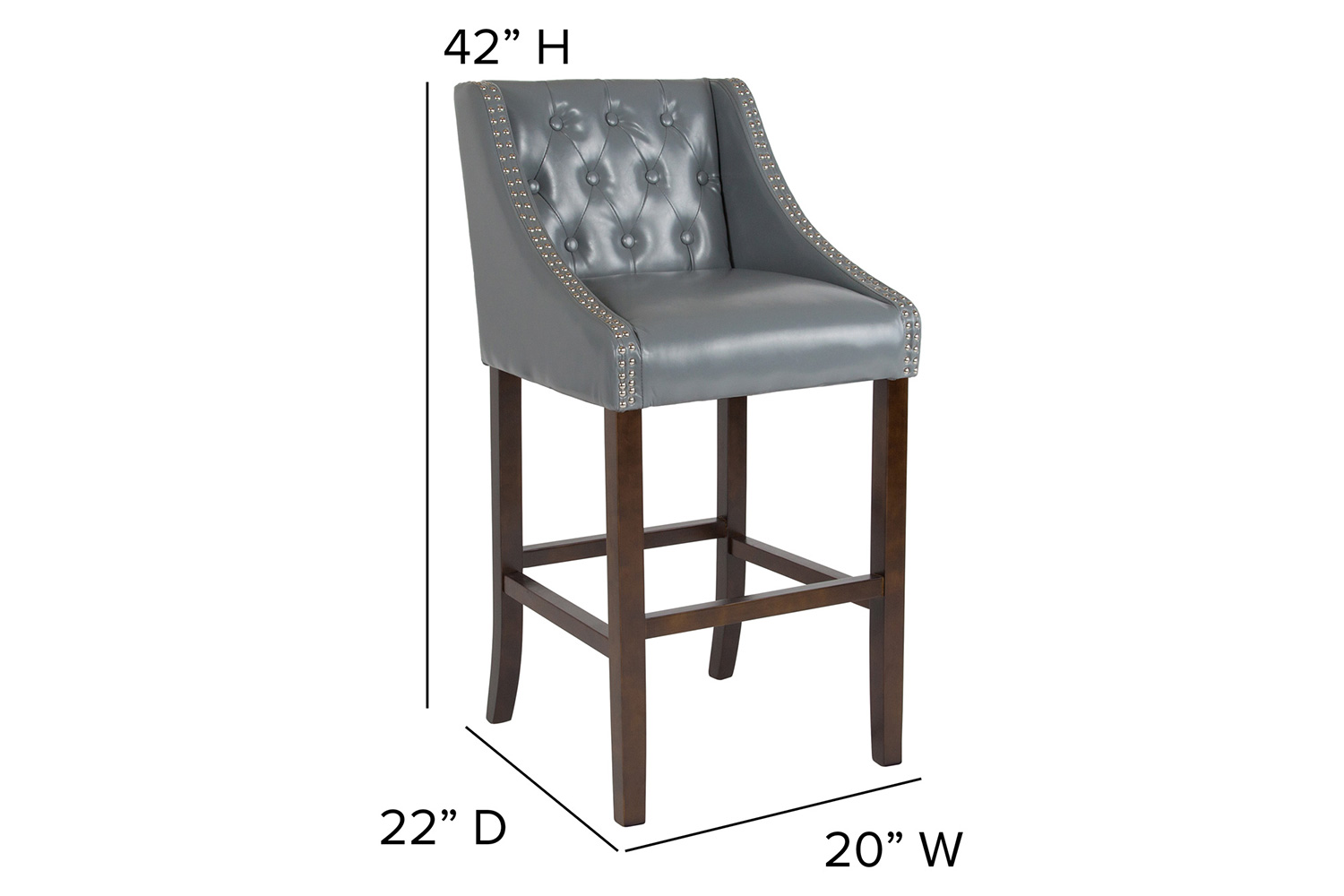 BLNK Carmel Series LeatherSoft Transitional Tufted Walnut Bar Stool with Accent Nail Trim - Light Gray