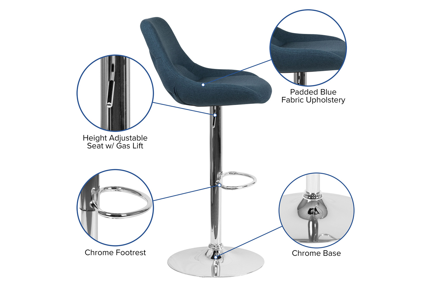 BLNK Elijah Fabric Adjustable Height Bar Stool with Chrome Base - Blue