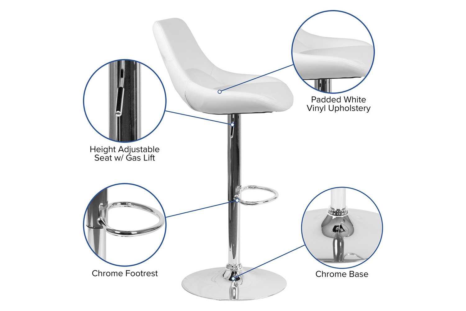 BLNK™ Contemporary Vinyl Adjustable Height Bar Stool with Chrome Base - White