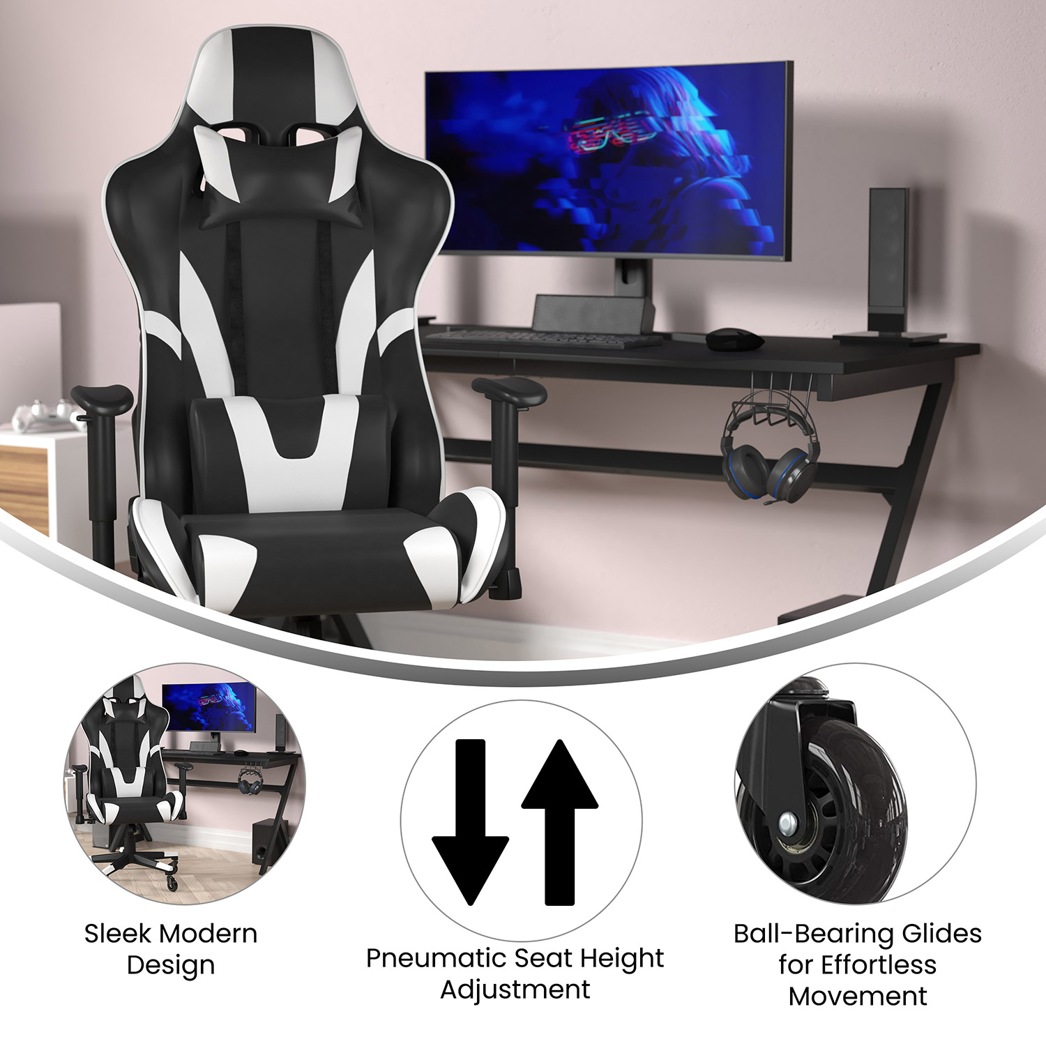 BLNK X20 Gaming Racing Office Computer PC Adjustable Chair with Reclining Back and Transparent Roller Wheels - Black