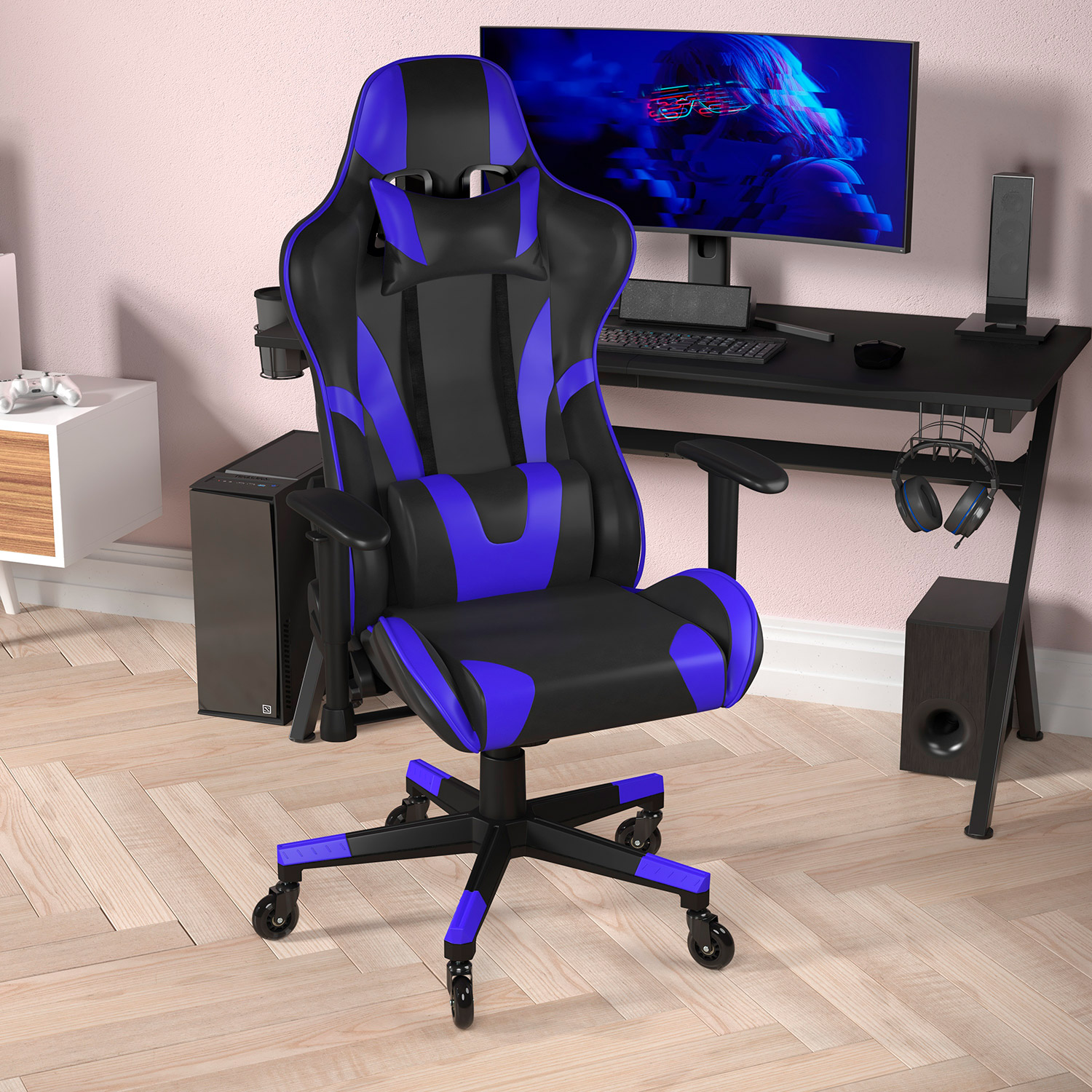 BLNK X20 Gaming Racing Office Computer PC Adjustable Chair with Reclining Back and Transparent Roller Wheels - Blue