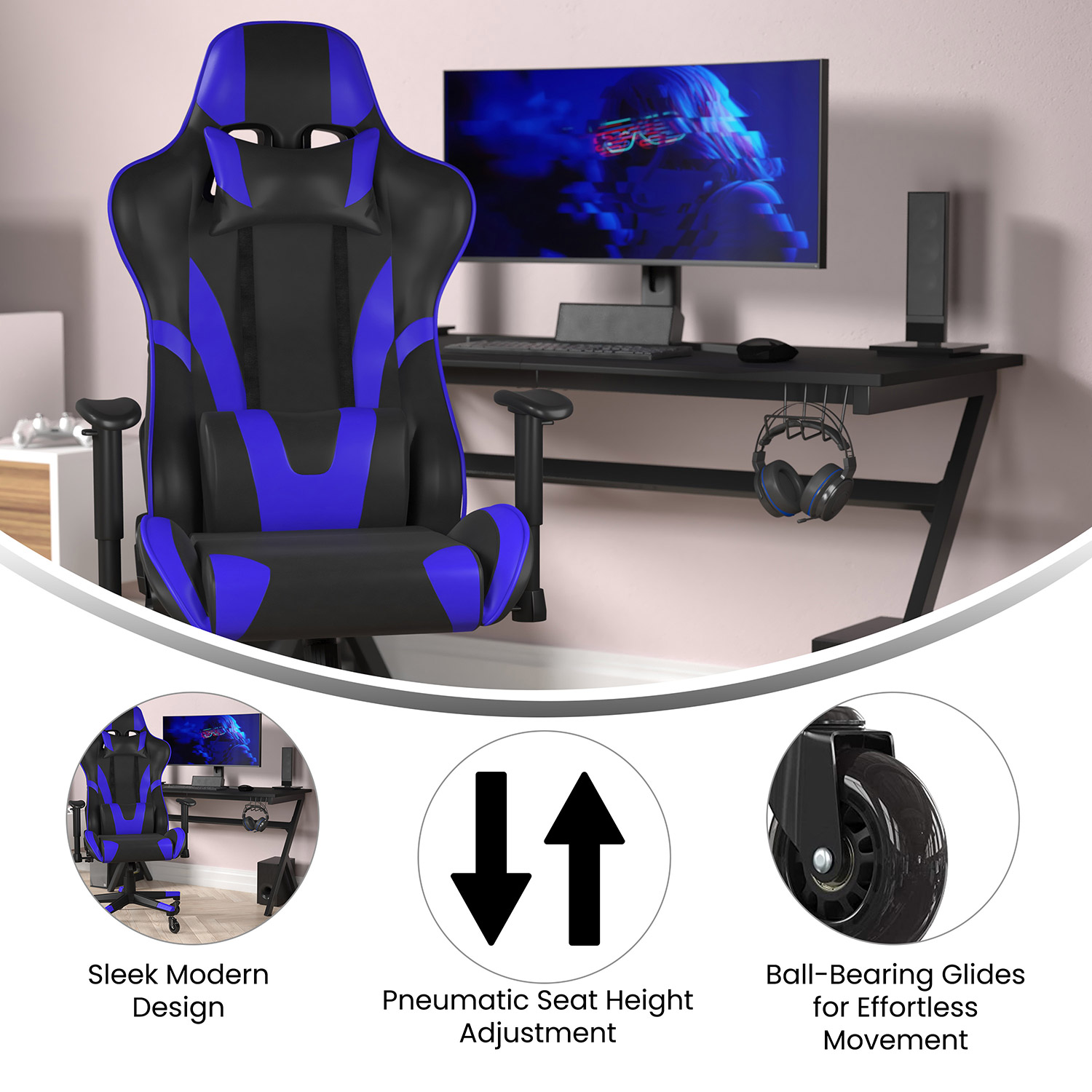 BLNK X20 Gaming Racing Office Computer PC Adjustable Chair with Reclining Back and Transparent Roller Wheels - Blue