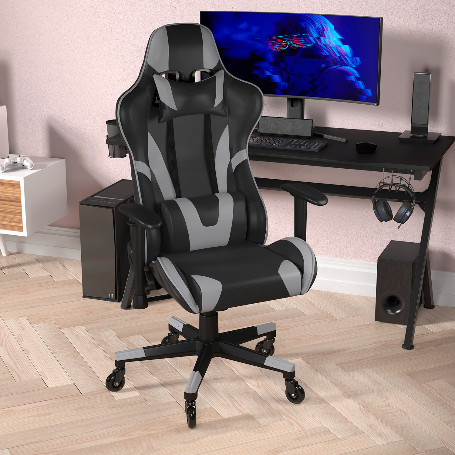 BLNK X20 Gaming Racing Office Computer PC Adjustable Chair with Reclining Back and Transparent Roller Wheels - Gray