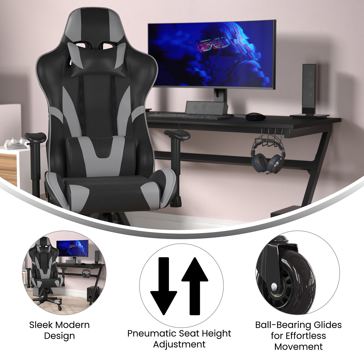 BLNK X20 Gaming Racing Office Computer PC Adjustable Chair with Reclining Back and Transparent Roller Wheels - Gray