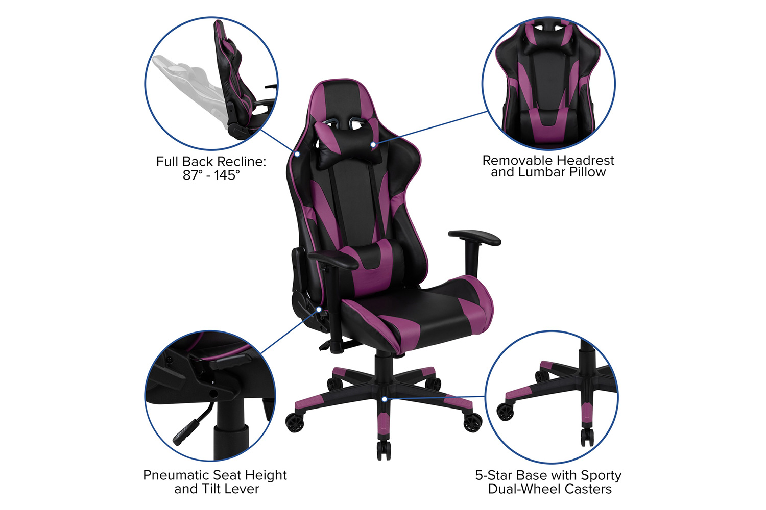 BLNK X20 Gaming Racing Office Ergonomic Computer PC Adjustable Swivel Chair with Fully Reclining Back - Purple