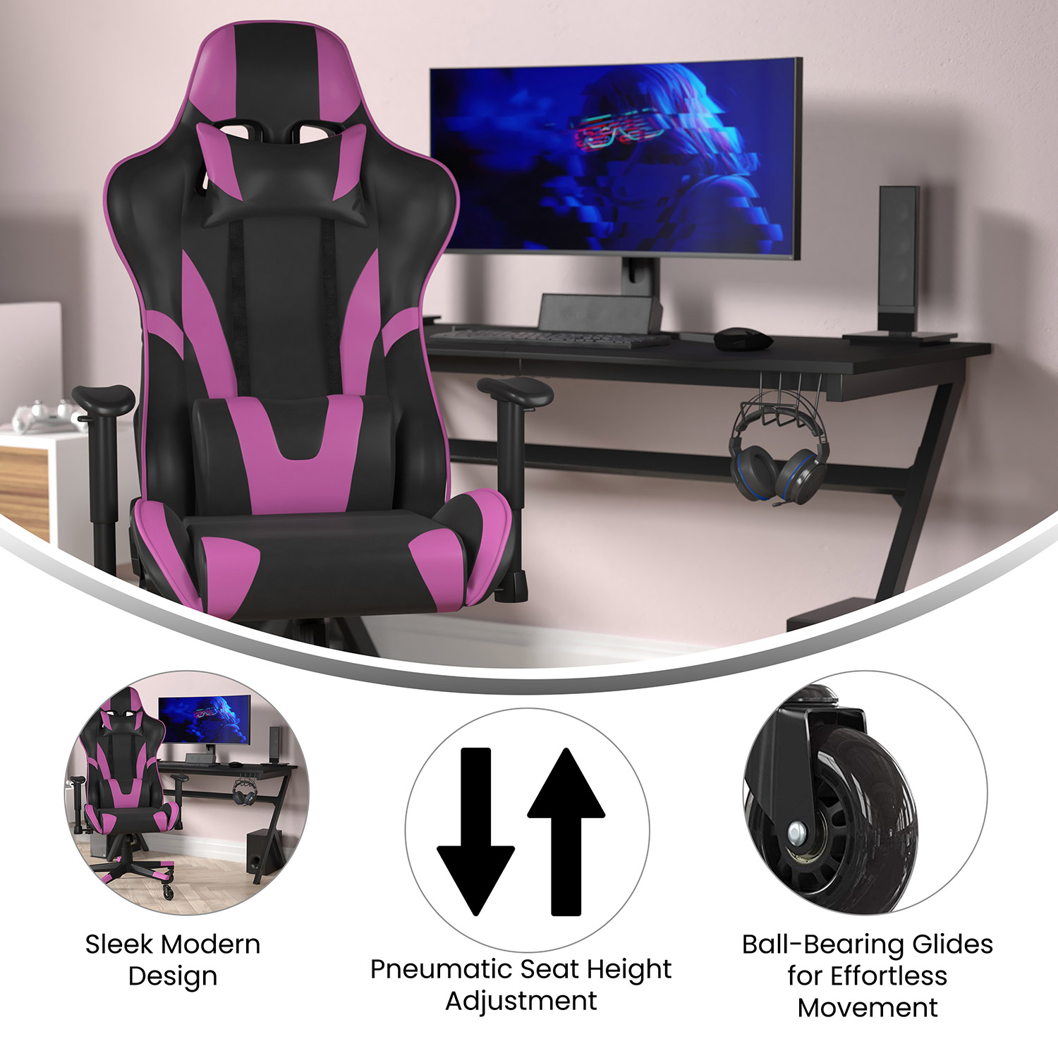 BLNK X20 Gaming Racing Office Computer PC Adjustable Chair with Reclining Back and Transparent Roller Wheels - Purple