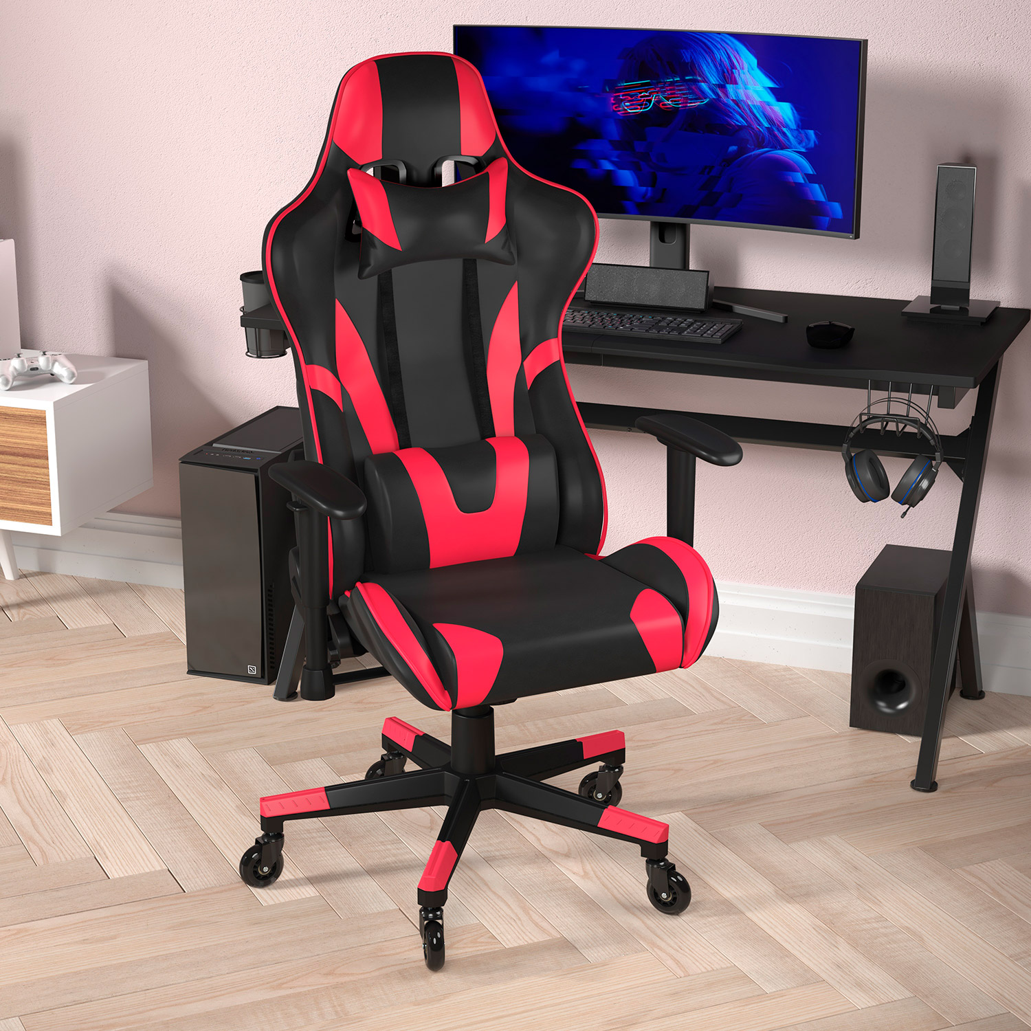 BLNK X20 Gaming Racing Office Computer PC Adjustable Chair with Reclining Back and Transparent Roller Wheels - Red