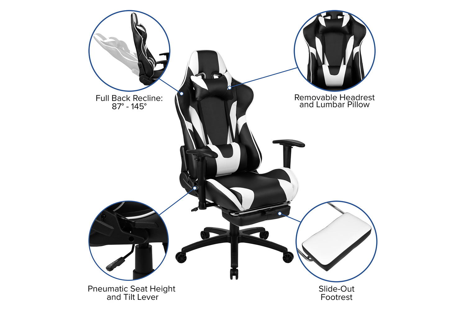 BLNK X30 Gaming Racing Office Ergonomic Computer Chair with Fully Reclining Back and Slide-Out Footrest - Black