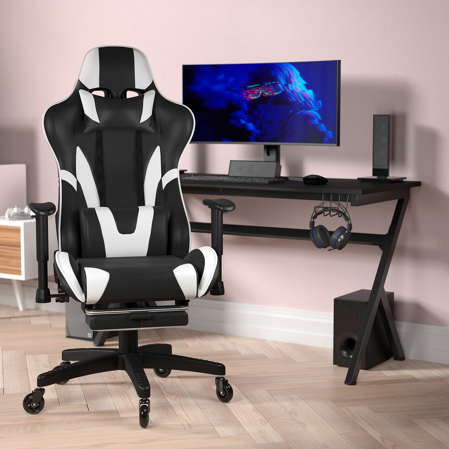 BLNK X30 Gaming Racing Computer Chair with Reclining Back, Slide-Out Footrest, and Transparent Roller Wheels