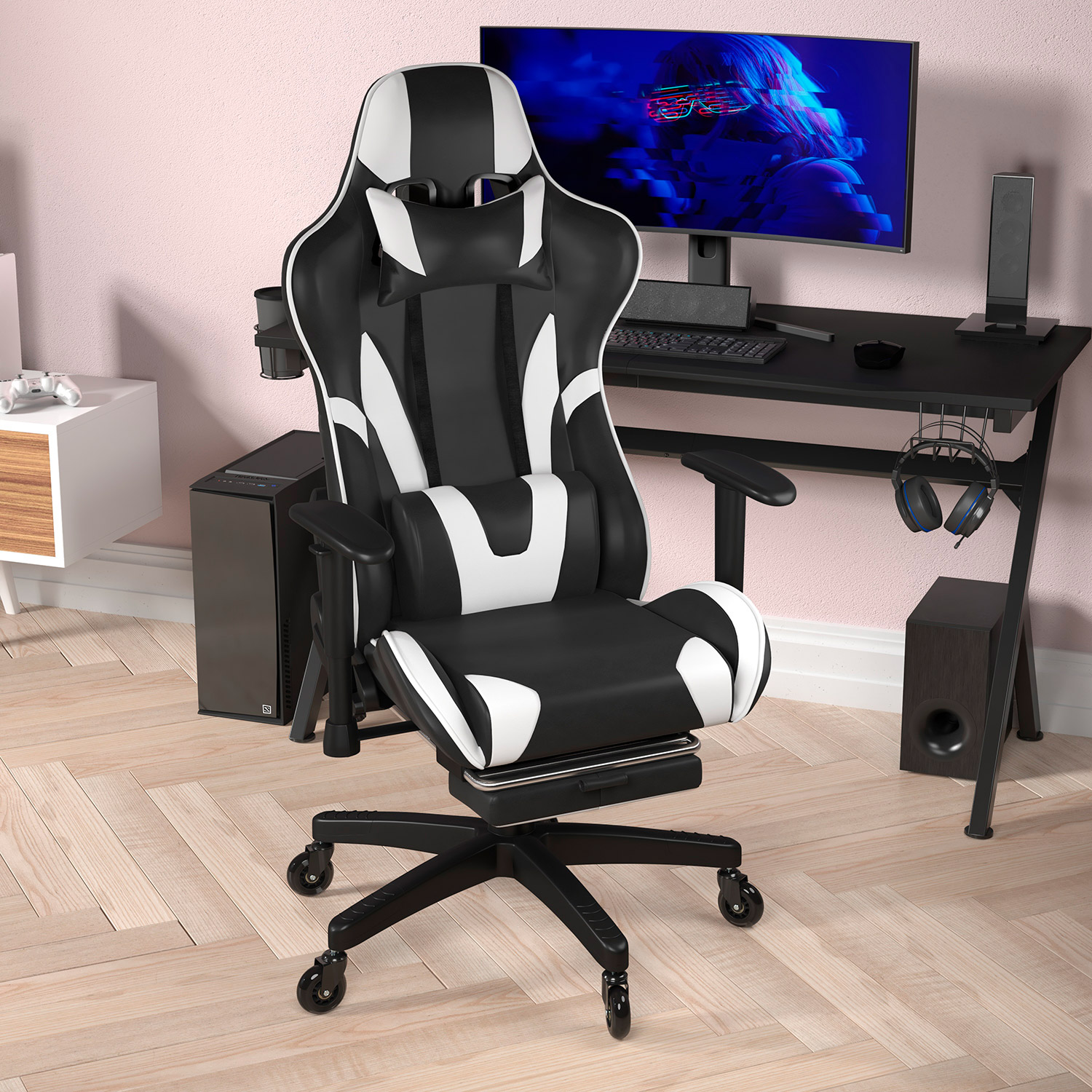 BLNK X30 Gaming Racing Computer Chair with Reclining Back, Slide-Out Footrest, and Transparent Roller Wheels - Black