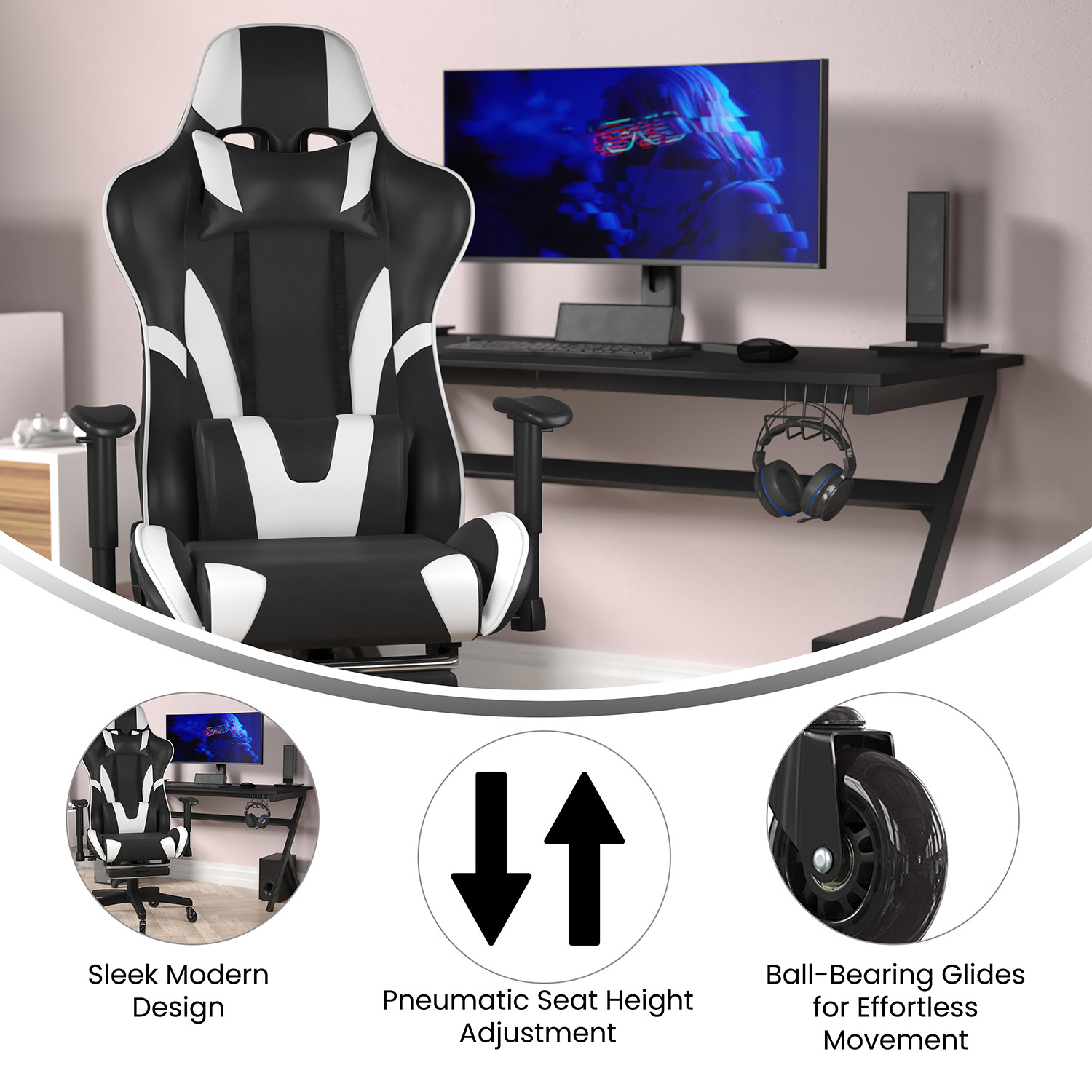 BLNK X30 Gaming Racing Computer Chair with Reclining Back, Slide-Out Footrest, and Transparent Roller Wheels - Black