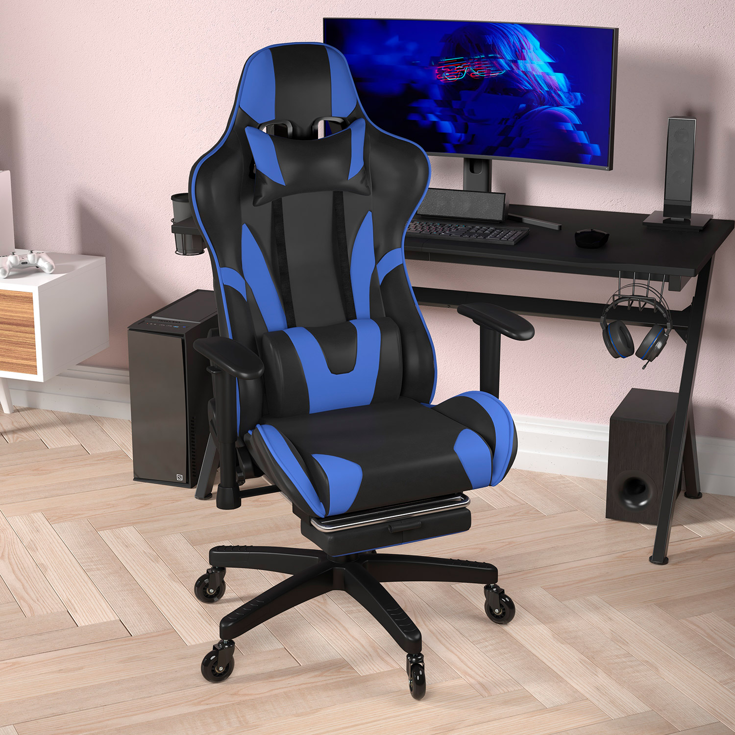 BLNK X30 Gaming Racing Computer Chair with Reclining Back, Slide-Out Footrest, and Transparent Roller Wheels