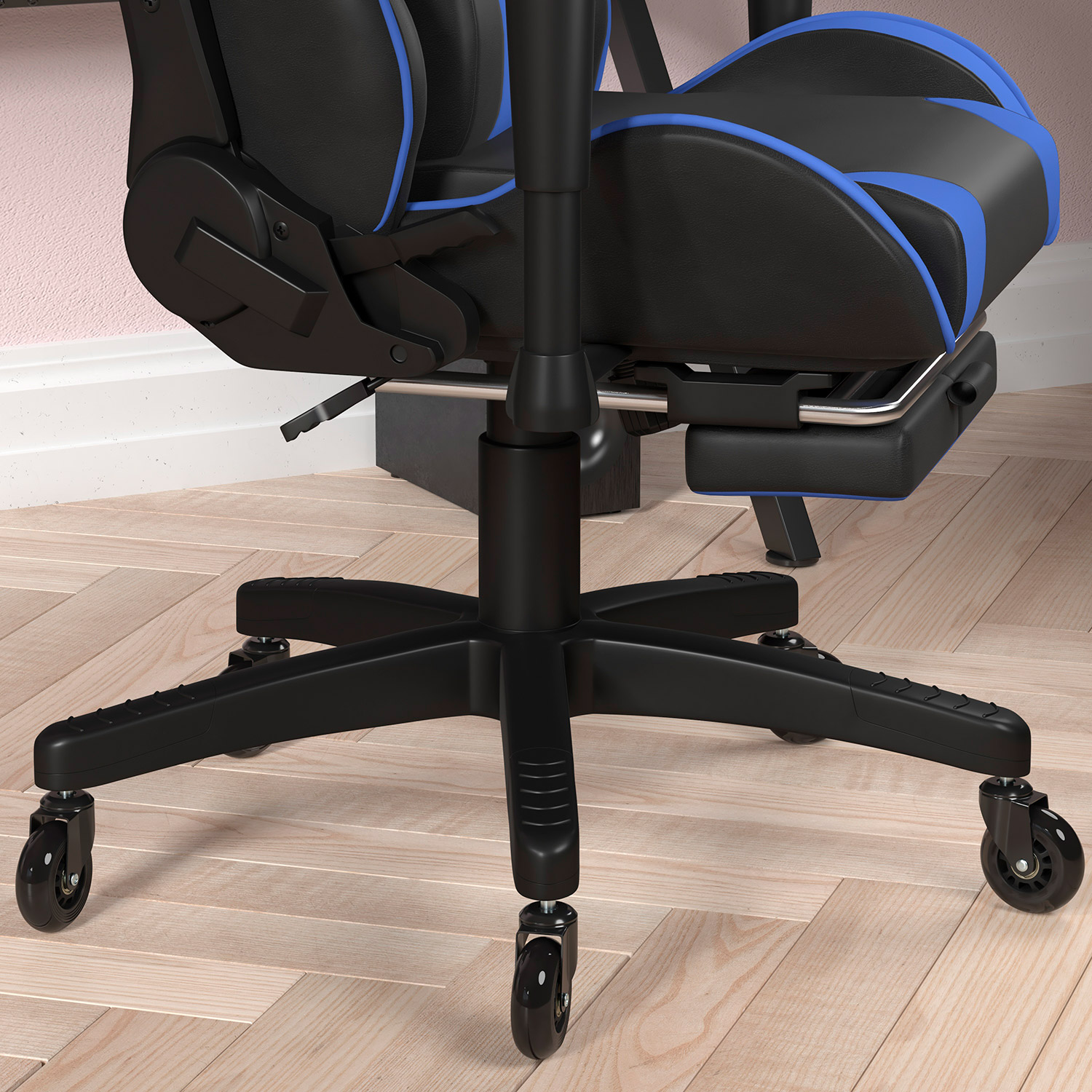 BLNK X30 Gaming Racing Computer Chair with Reclining Back, Slide-Out Footrest, and Transparent Roller Wheels - Blue